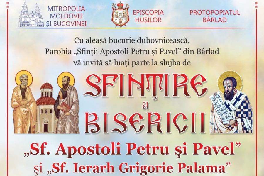 Preasfinţitul Părinte Nicodim va participa duminică la sfințirea bisericii „Sfinții Apostoli Petru și Pavel” și „Sfântul Grigorie Palama” din municipiul Bârlad